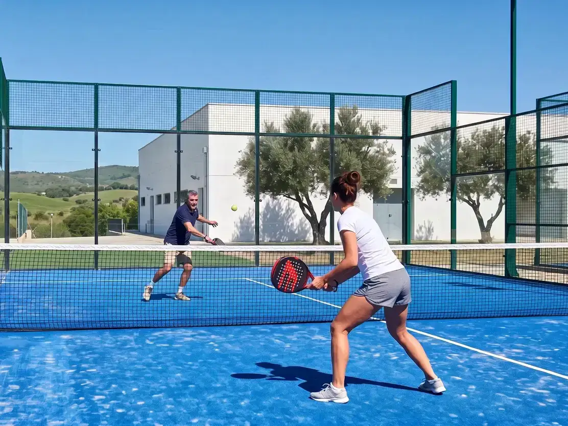 Dos personas juegan un partido de pádel en una pista municipal al aire libre, de día